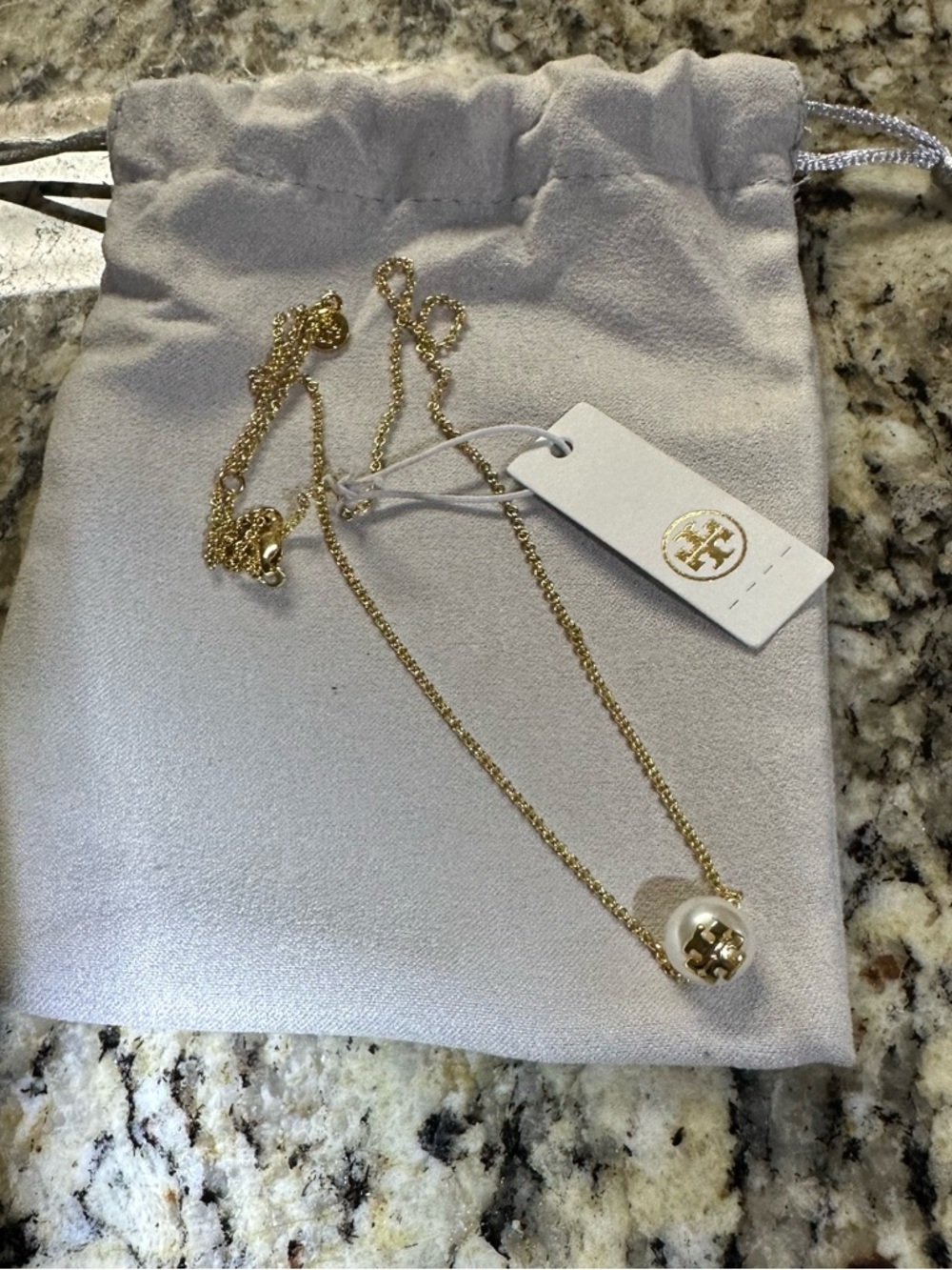 Tory Burch Gold and Pearl Logo Drop Necklace